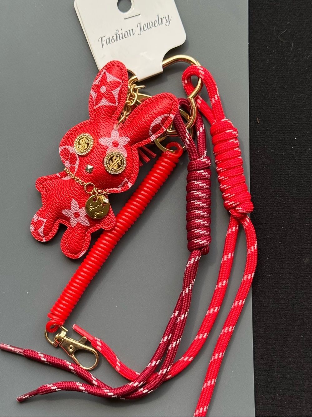 Red Floral Print Bunny Keychain Bag Charm Gold Dollar Sign Accents NWT
